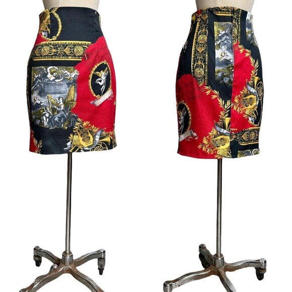 90s Y2K Vintage Cherub Novelty Print Skirt Baroque Opera Classical Bodycon. - Picture 4 of 5